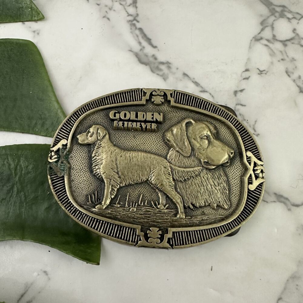 Vintage 70s Golden Retriever Dog Brass Metal Belt Buckle Award Design Medals